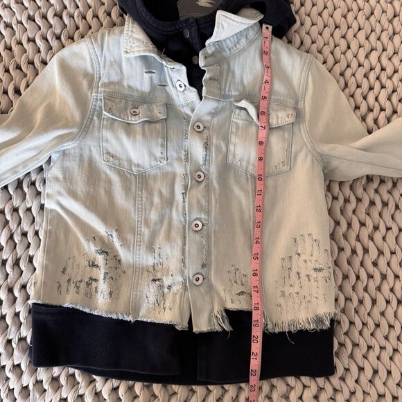 Free People Womens Hoodie Layered Lightwash Denim Jacket M Boho Urban Distressed - Picture 7 of 9